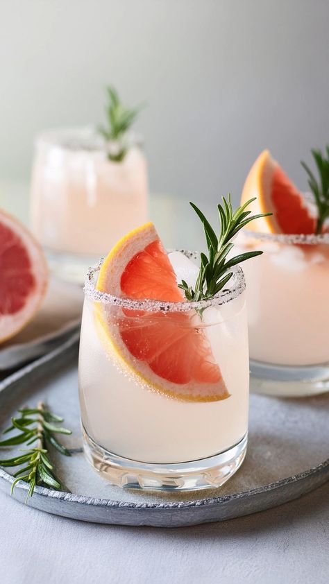 Updating your Paloma cocktail: This version features the bright and tangy flavors of fresh grapefruit juice, complemented by the aromatic and slightly savory notes of rosemary syrup, balanced with tequila and topped with soda water. Garnished with a grapefruit wheel and a sprig of rosemary, this drink is both elegant and refreshing. Grapefruit Rosemary Mocktail, Rosemary Paloma, Tequila Paloma, Spicy Paloma, Paloma Drink, Grapefruit Paloma, Fresh Cocktails, 2024 Photoshoot, Paloma Recipe