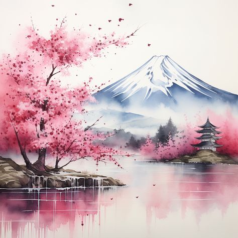 Japan Cherry Blossom Painting, Cherry Blossom Landscape Drawing, Mount Fuji Painting Watercolor, Watercolor Art Cherry Blossom, Mt Fuji Watercolor, Mount Fuji Watercolor, Chinese Background Landscape, Japan Watercolor Painting, Cherry Tree Watercolor