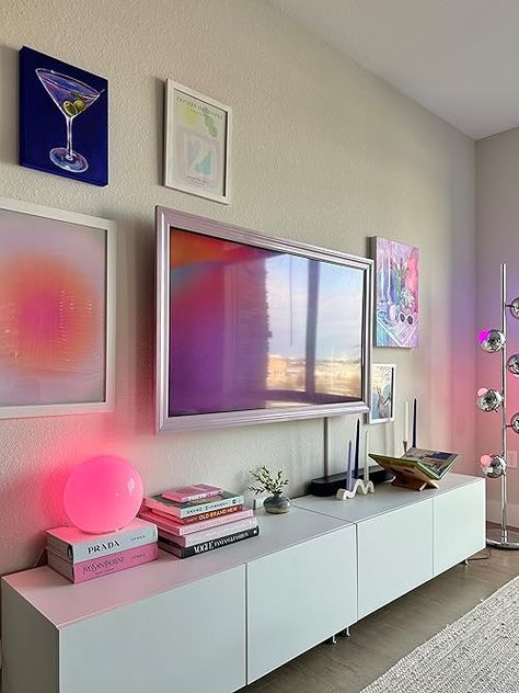 Calista's Amazon Page Cute Tv Room Ideas, Cozy Apt Living Rooms, Wall Led Mirror, Minimalist Bedroom Living Room, Under Tv Decor Bedroom Wall Mounted Tv, Apartment Living Space Ideas, Apartment Decor Inspiration Dining Room, Apartment With No Windows, Modern Girly Living Room