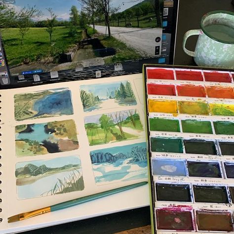 Gcse Art Landscape Sketchbook, Thumbnail Drawing Sketch, Art Thumbnails Sketch, Thumbnail Sketches Ideas, Landscape Thumbnail Sketches, Watercolor Exercises, Landscape Sketching, Warm Up Exercises, Illustration Process