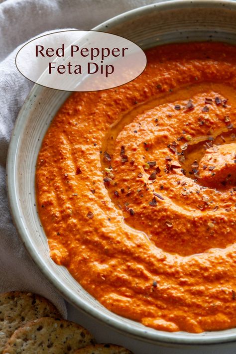 Roasted Red Pepper Feta Dip, Red Pepper And Feta Dip, Red Food Party, Red Pepper Feta Dip, Spice Combos, Roasted Red Pepper Dip, Red Pepper Dip, Dips Recipes, Pepper Dip