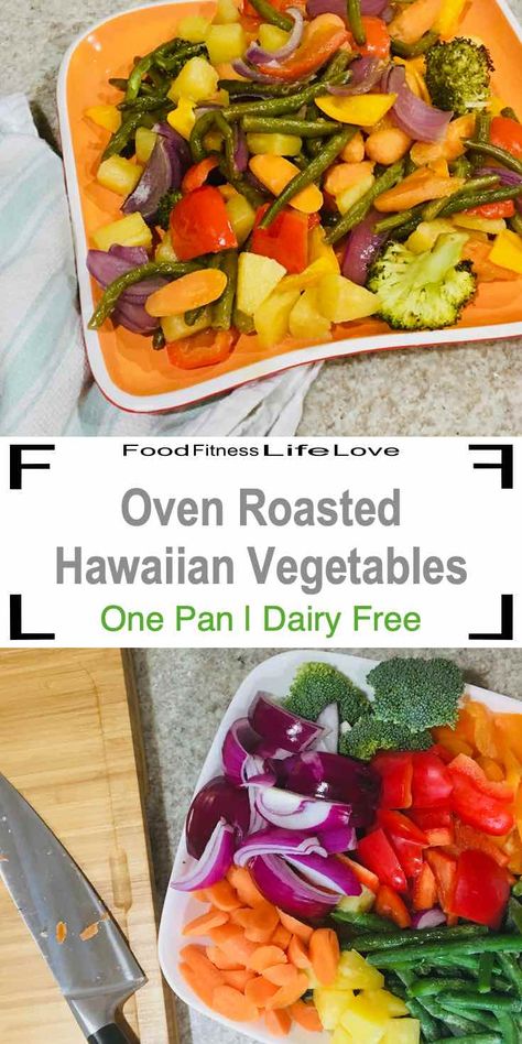 A little sweet and tangy, these Oven Roasted Hawaiian Vegetables are a tasty side with fresh ginger, soy sauce, garlic and pineapple juice. Hawaiian Roasted Vegetables, Side Dishes For Hawaiian Chicken, Hawaiian Veggies, Hawaiian Vegetables, Hawaiian Side Dishes Veggies, Hawaiian Vegetables Side Dishes, Roasted Pineapple Oven, Hawaiian Chicken Oven, Hawian Chicken Sheet Pan