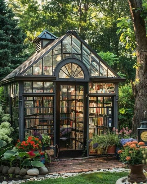 Enclosed Garden Structures, Greenhouse Library, Dark Academia Garden, Dark Academia Home, Mansion Aesthetic, Studio Shed, Greenhouse Shed, Magical Home, Welcome To My House