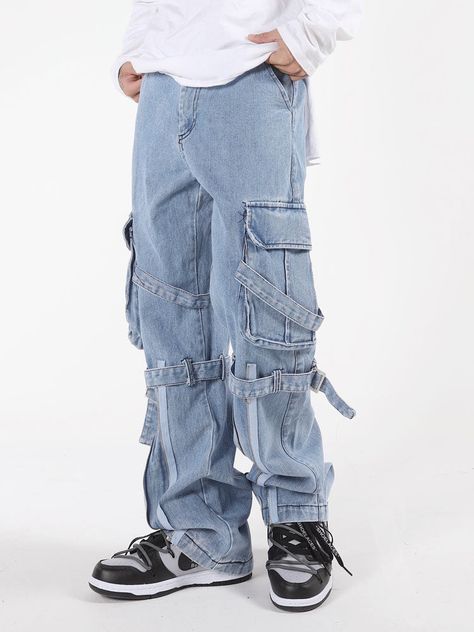 Cargo Pants With Straps Men, Pants With Straps Men, Denim Cargo Pants Men, Trouser Jeans Outfit, Cargo Jeans Men, Jeans Outfit Men, Trendy Boy Outfits, Denim Cargo Pants, Custom Jeans