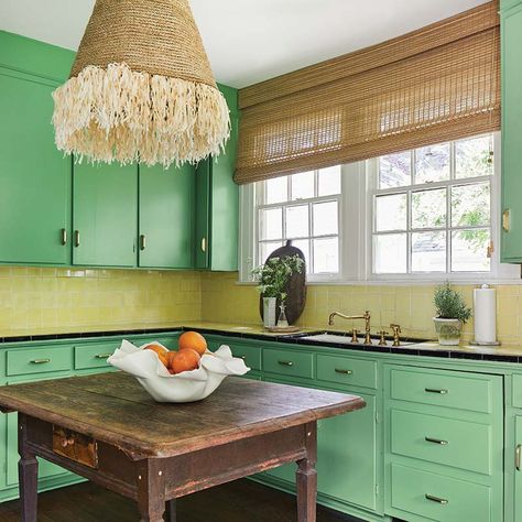 1920 Cottage, Dark Stained Wood Floors, Ashley Gilbreath Interiors, 1920s Cottage, Antique Kitchen Island, Ashley Gilbreath, Cottage Lake, 1920s House, Yellow Tile