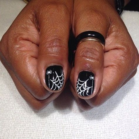 Spiderweb Thumbs for Rita! #nailart #nailswag #halloween #nails... (via Bloglovin.com ) Short Nail Designs Spider, Halloween Nails Black Spider Web, All Black Nails With Spider Web, Short Halloween Nails Spiderweb, Black Nails Spider Webs, Crazy Acrylic Nails, Black Halloween Nails, Mens Nails, Cute Halloween Nails