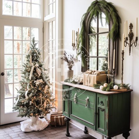 This wonderful Christmas Entryway stock image/ mockup photo features a French Country Cottage aesthetic with green & white decor. Vibe: French Country, Cozy, Warm, Country, Classic, Pretty, Cottagecore, Festive, Christmas, Holiday THIS IMAGE IS ALSO AVAILABLE IN THESE BUNDLES: + Our 'Full House' French Country Christmas Cottage Green & White Bundle of 72 images:  https://www.etsy.com/listing/1567659658/whole-house-bundle-72-stock-images  + Our bundle of 12 French Country Christmas Cottage Green & White Entryways here: https://www.etsy.com/listing/1567679398/french-country-cottage-christmas The perfect vessel to showcase your brand! Our mockups/stock images are simple to use - just add your graphic, make any edits you need for the most realistic aesthetic (add a drop shadow & adjust exposur French Country Christmas Decorating, Country French Decorating, Cozy Vibes Aesthetic, Christmas Cottage Decor, French Country Christmas Tree, French Cottage Interior, French Farmhouse Christmas, French Country Entryway, Cozy Cottage Christmas