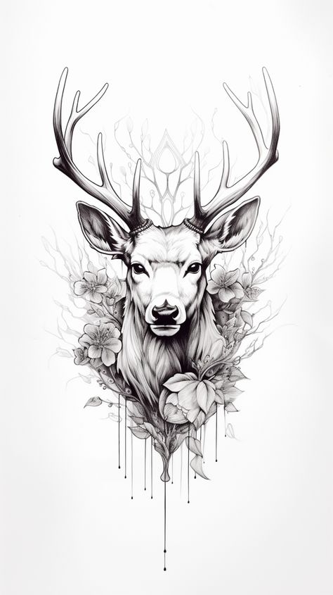 Deer Nature Tattoo, Women Deer Tattoo, Deer Head Tattoo Design, Deer Tattoo Drawing, Deer Tattoo Stencil, White Stag Tattoo, Scottish Stag Tattoo, Deer Head Tattoo For Women, Celtic Deer Tattoo