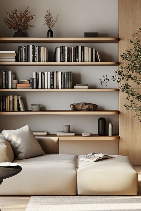 Maximize style and function with floating shelves that create sleek and modern displays. #FloatingShelves #ModernStorage #MinimalistDecor Long Floating Shelves Living Room, Floating Shelves On Wall, Floating Shelf Ideas, Shelves On Wall, Wood Shelves Living Room, Wall Mounted Shelving, Wall Mounted Shelving Unit, Valley House, Long Floating Shelves