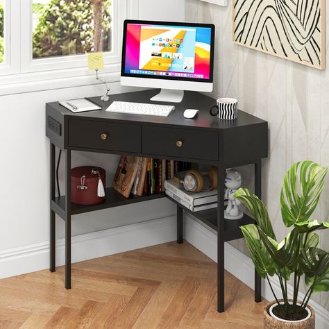 Ebern Designs Corner Computer Desk & Reviews - Wayfair Canada Small Corner Desk, Small Room Desk, Wide Shelves, Boys Desk, Desks For Small Spaces, Corner Computer Desk, Bedroom Desk, Corner Design, Save Room