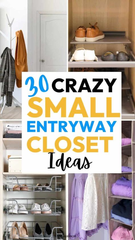 Tiny Entryway Closet Ideas, Entrance Way Closet Ideas, Shallow Coat Closet Ideas, Coat Closet Into Shoe Closet, Front Closet Organization Ideas, Coat Closet Doors Entryway, Small Entryway Coat And Shoe Storage, Small Entry Way Closet Remodel, Small Entry Way Coat And Shoe Storage