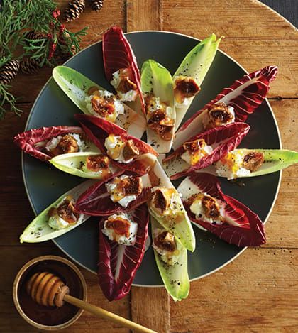 Endive Bites with Goat Cheese, Figs & Honey - Clean Eating Magazine Endive Appetizers, Endive Recipes, No Cook Appetizers, Honey Recipes, Beltane, Food Appetizers, Small Bites, Party Foods, Appetizers For Party