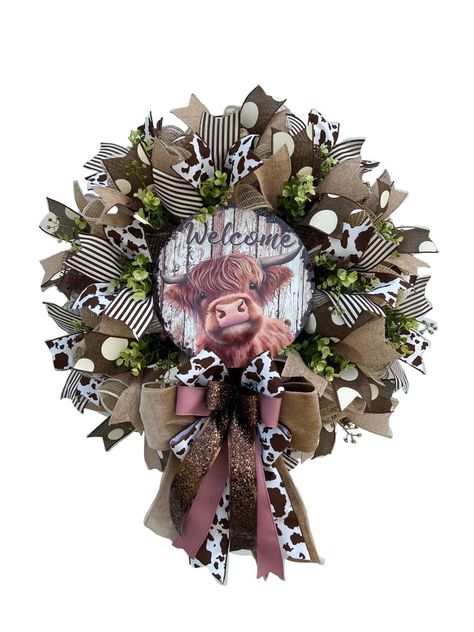 Highland Cow Wreath for Front Door, Everyday Wreath for Cow Lovers, Farmhouse Porch Decor, Brown Cow Wreath for Home Decor - Etsy Canada Farmhouse Wreath Diy, Highland Cow Wreath, Cow Wreath, Brown Cow Print, Farmhouse Porch Decor, Highland Cow Gifts, Owl Wreaths, Country Wreaths, Cow Decor