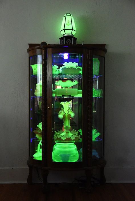 Finding a new passion for uranium - INL Uranium Glass Vintage Display, Uranium Glass Display Cabinet, Uranium Glass Display, Uranium Glass Vintage, Dining Room Victorian, Glass Display Case, Vaseline Glass, Glass Display, Chic Farmhouse