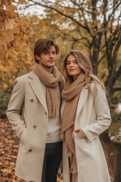 19 Cute Fall Couple Photoshoot Outfits Couples Trench Coat Outfit, Fall Outfit Engagement Photos, Christmas Card Ideas Picture Couple, Coordinated Couples Outfits, Christmas Card Outfits Couple, Couples Casual Photoshoot, Thanksgiving Couple Pictures, Couples Fall Photoshoot Outfits, Fall Photoshoot Couple