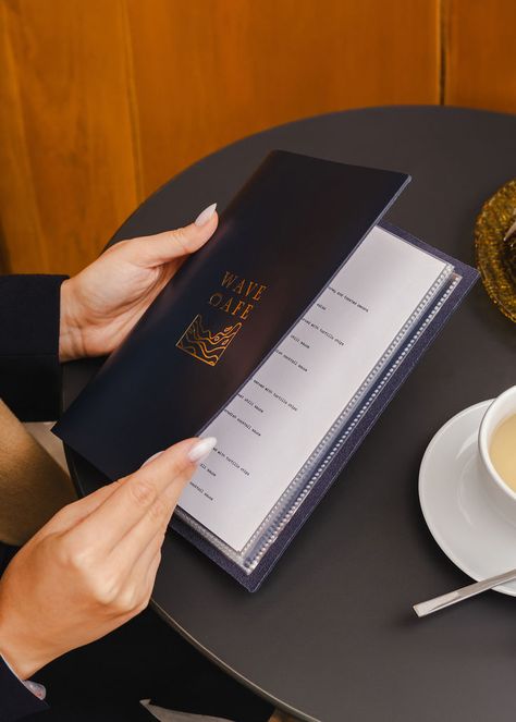 Give your restaurant a sophisticated look with this custom leather menu cover. Menu folder is available in various sizes and colors. The menu book features 8 clear PVC plastic sleeves, holding up to 16 menu pages for long-lasting use. Add your logo, either debossed or engraved, for a unique and professional touch. Keep your menus safe and stylish while showcasing them in an attractive and functional design. Menu Folder, Leather Menu Cover, Menu Cover Design, Leather Menu, Simple Menu, Menu Holders, Menu Book, Menu Cover, Bar Menu