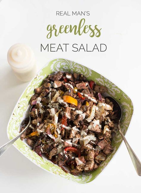 Real Man's Greenless Meat Salad - a heaping pile of marinated meat, drizzled with a creamy vinaigrette. This greenless "salad" won't disappoint. Creamy Vinaigrette, Diet Salad, Grilled Peppers And Onions, Mustard Pork Tenderloin, Salad Diet, Fitness Blogs, Grilled Peppers, Meat Salad, Man Cooking