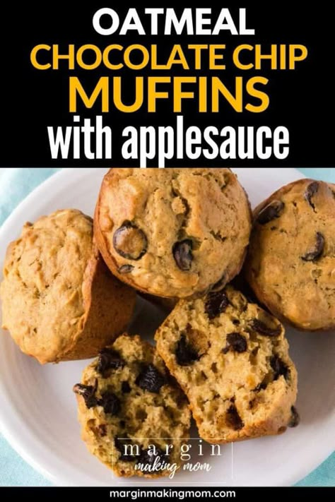 These easy oatmeal chocolate chip muffins are made with applesauce, for a delicious and lighter treat! Snag the recipe and make them today! Chocolate Chip Muffins With Applesauce, Cafeteria Breakfast, Muffins With Applesauce, Good For A Crowd, Recipes With Oatmeal, Oatmeal Applesauce Muffins, Banana Choc Chip Muffins, Low Fat Diet Recipes, Healthy Chocolate Chip Muffins