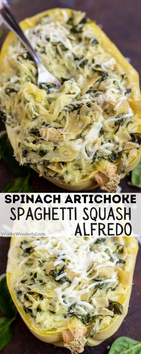 Spinach Artichoke Spaghetti Squash Alfredo is the Low Carb Dinner Recipe for all occasions. This Spaghetti Squash is easy for weeknights. Spinach Artichoke Spaghetti Squash, Artichoke Spaghetti Squash, Diviticulitis Diet, Artichoke Spaghetti, Spaghetti Squash Alfredo, Fruitarian Diet, Squash Alfredo, Keto Spaghetti, Healthy Squash Recipes