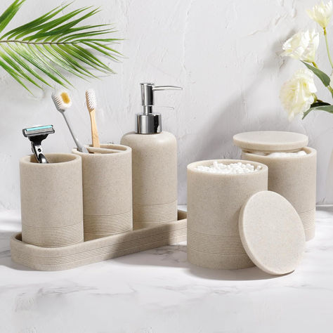 Bathroom Accessories Set, 6-Piece Bathroom Accessory Set, Toothbrush Holders Set, Soap Dispenser, Vanity Tray, Tumbler, Cotton Swab Jars, Bathroom Organizer for Modern Bathrooms - Beige Kids Bathroom Accessories, Vintage Bathroom Decor, Modern Bathroom Accessories, Bathroom Accessories Luxury, Bathroom Accessories Set, Bathroom Storage Solutions, Toothbrush Holders, Decorative Soaps, Bathroom Gadgets