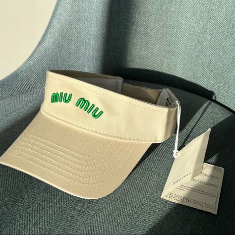 New with tags authentic MiuMiu baseball cap visor hat beige and green tennis Tennis Hat Outfit, Embroidered Hats Ideas, Womens Tennis Fashion, Fitness Fashion Active Wear, Miu Miu Heels, Bone Bordado, Miu Miu Accessories, Mad Hat, Beige And Green