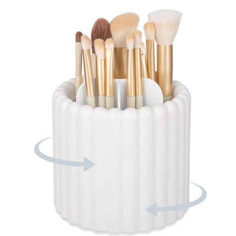 PRICES MAY VARY. REMOVABLE COMPARTMENTS: Makeup brushes holder organizer is equipped with 7 divider slots, allowing you to store different types of makeup brushes separately, making it easy for you to quickly find the brushes you need according to your needs, and its compartments are removable, so that you can place any makeup tools according to your needs. SMOOTH ROTATION: The rotating base does not touch the countertop(0.35 inches above the countertop), and there are four non-slip rubber pads Cute Organizers For Makeup, Makeup Brushes Organizer, Make Up Containers, Makeup Brush Cup, Skin Care Organization Bedroom, Pink Makeup Brush Holder, Cute Storage Containers, Small Makeup Organizer, Makeup Brushes Organization