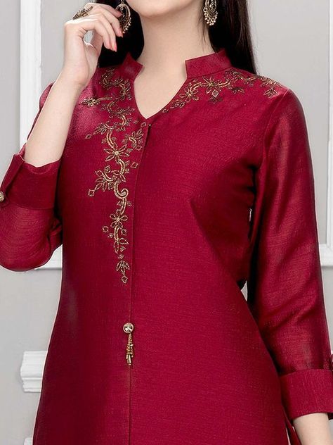 Silk Suit Neck Designs Indian, Silk Suits Designs Latest, High Neck Kurti Design, Punjabi Sharara, Plain Kurti Designs, Design Kurti, Salwar Kameez Online Shopping, Silk Kurti Designs, Readymade Salwar Kameez