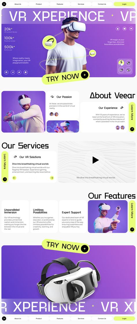 Veear - Virtual Reality AR Company Landing Page Website designed by Adhiari Subekti for One Week Wonders. Connect with them on Dribbble; the global community for designers and creative professionals. Company Landing Page, Landing Ideas, Best Landing Page Design, Landing Page Website, Website Design Inspiration Layout, Landing Page Inspiration, Website Design Wordpress, One Page Website, Presentation Design Template