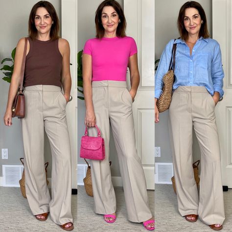 How to style beige trousers Kakhi Wide Leg Pants Outfit Women, Light Tan Trousers Outfit, Neutral Trousers Outfit, Beige Pants Outfit Women Casual, Light Trousers Outfit, How To Style Beige Trousers, Beige Pants Outfit Summer, Beige Trouser Outfit Women, Beige Trousers Women