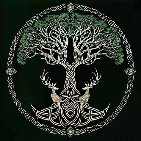 The simple, fluid design of the Yggdrasil tree, At The tree edge, The two deer heads face left and right, with its roots in the ground and the branches above stretching out against each other to form an oval pattern. The trunk is shaped like two antlers and is inlaid with green gems. In front of him, two simple lines of deer heads look left and right to form a pedestal, and at the base a line of mother carries a symbol in her belly. White outline of all elements on a black background. It captures ancient Norse mythology and symbolism. By Michael Hart. Dim light. Intricate details. A soft glow. Celtic braid crafts. Black paper background. HD --v 6 Celtic Deer, Celtic Knot Tree, Black Paper Background, Celtic Braid, Deer Heads, Yggdrasil Tree, Dim Light, Fluid Design, Background Hd