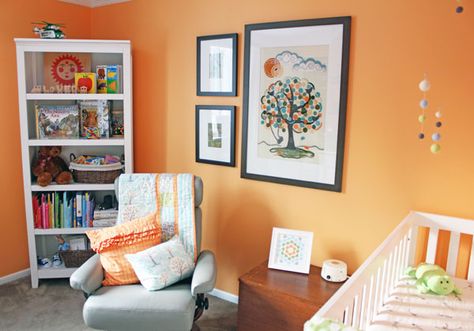 Orange Playroom, Kids Room Paint Colors, Gender Neutral Kids Room, Orange Nursery, Neutral Kids Room, Interior Paint Colors Schemes, Contemporary Bookcase, Room Accent Wall, Kids Room Paint