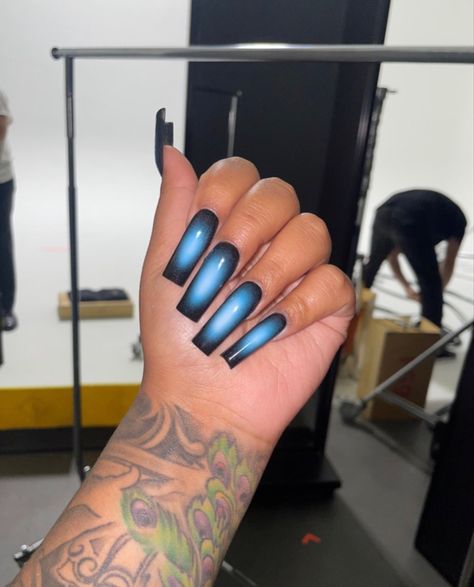 Black And Blue Nails Acrylic, Black And Blue Nail Designs, Black And Blue Nail Ideas, Blue And Black Nails, Black And Blue Nails, Flame Nail Art, Fetty Wap, Aura Nails, 2024 Nails