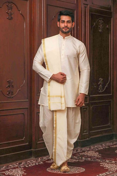 South Indian Dhoti Kurta For Men, White Dhoti Kurta For Men, Muhurtham Dress For Groom, Muhurtham Dress For Men, Dhoti For Men Indian Weddings, Dhoti Outfit Men, Traditional Dhoti Kurta For Men, Dothi Style Dress For Mens, Dhoti Kurta For Men Indian Weddings