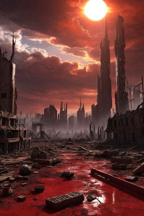 Ruin City Fantasy Art, Apocalypse City Art, Burnt Down City, City Ruins Aesthetic, Burning City Aesthetic, Fantasy Ruined City, Post Apocalyptic City Art, Ruined City Aesthetic, Fantasy Post Apocalyptic