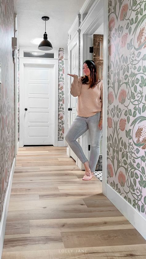 DIY Archives - Lolly Jane Wallpaper For Narrow Hallway, Narrow Hallway Wallpaper Ideas, Stencil Hallway, Narrow Hallway Wallpaper, Bi Level Entryway, Hall Wallpaper Ideas, Wallpapered Hallway, Wallpaper In Hallway, Diy Farmhouse Shelves