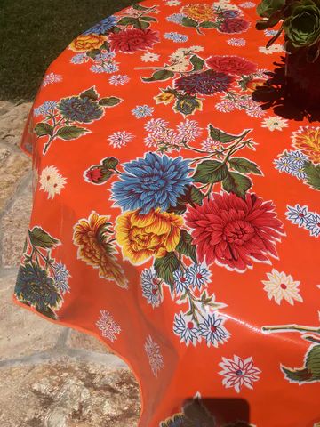 Oilcloth Tablecloths, Oilcloth Tablecloth, Round Patio, Orange Quilt, Custom Table Cloth, Orange Butterfly, Craft Area, Banquet Tables, Restaurant Ideas