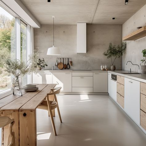 Modern Harmony: Our White Kitchen with Warm Wooden and Cool Concrete Accents 🍽️🏡 Immerse yourself in the perfect blend of clean white aesthetics, the warmth of wood, and the industrial touch of concrete. Discover the art of creating a kitchen that’s both contemporary and inviting. Explore the balance of textures and tones in achieving a harmonious culinary space. #HomeDecor #WhiteKitchen #WoodenAccents #ConcreteDesign #InteriorInspiration #KitchenGoals White Kitchen Concrete Floor, Concrete Floors Kitchen, White Concrete Kitchen, Concrete Floor Kitchen, Modern Farm Kitchen, Kitchen Concrete Floor, White Concrete Floors, Concrete Kitchen Floor, White Gloss Kitchen