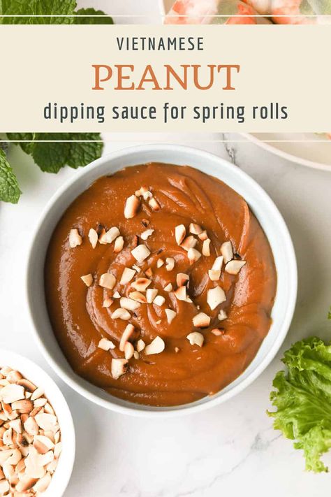 5 Minute Peanut Dipping Sauce for Spring Rolls - A Peachy Plate Summer Roll Sauce, Peanut Dipping Sauce For Spring Rolls, Summer Rolls Dipping Sauce, Peanut Sauce For Spring Rolls, Spring Roll Peanut Sauce, Sauce For Spring Rolls, Spring Roll Dipping Sauce, Spring Rolls With Peanut Sauce, Spring Roll Sauce