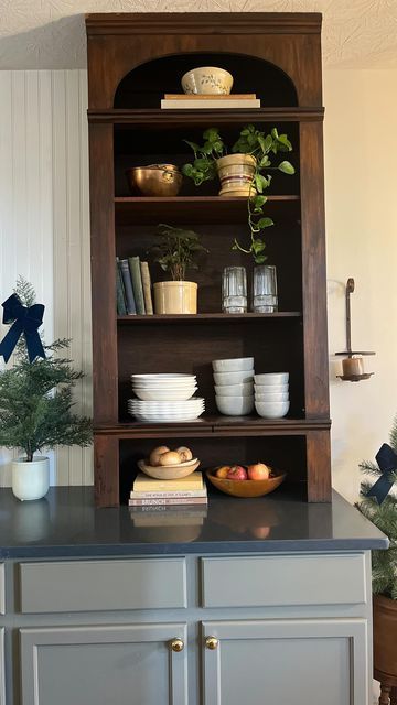 Bookshelf On Countertop, Antique Bookshelf In Kitchen, Shelves Over Kitchen Cabinets, Kitchen Shelf Instead Of Cabinets, Bookshelf Kitchen Cabinets, Recipe Book Shelf Kitchen, Built In Shelving Kitchen, Wood Open Shelves Kitchen, How To Display Cookbooks In Kitchen Open Shelves