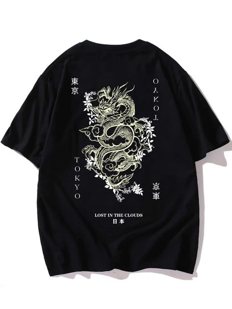 Dragon Graphic, Anime Streetwear, Animal Letters, Men Tops, Mens Graphic Tee, Black Casual, Graphic Tee, Shirt Designs, Graphic Tees