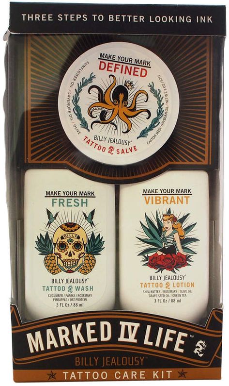 Billy Jealousy Men's 3Pc Marked Iv Life Tattoo Care Kit Tattoo Scabbing, Tattoo Lotion, Olive Tattoo, Oz Tattoo, Complete Tattoo, Body Cosmetics, Healing Tattoo, Tattoo Care, Old Tattoos