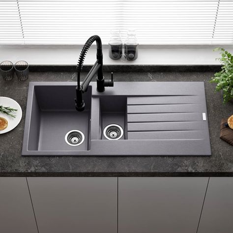 Grey Kitchen Sink, Kitchen Sink Ideas, Small Kitchen Sink, Granite Composite Kitchen Sink, Floating Sink, Granite Composite Sinks, Double Kitchen Sink, Composite Sink, Dark Grey Kitchen