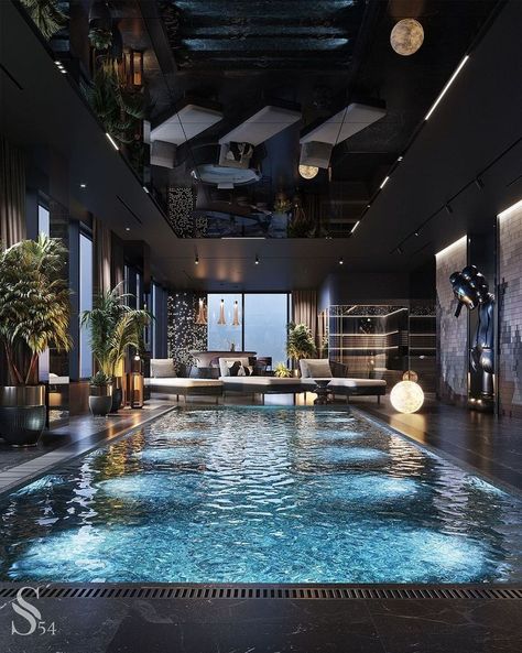 Dark pool interior design Drømme Bad, Indoor Pool Design, Piscina Interior, Dark Modern, Indoor Swimming Pool, Luxury Pools, Luxury Pool, Mansion Interior, Indoor Swimming