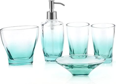 Amazon.com: Rzoeox Bathroom Accessory Set Teal, Lead-Free Glass 5-Piece Bath Ensemble Gift Includes Soap Dispenser,Toothbrush Holder, Tumbler, Soap Dish for Home, Office, Superior Hotel, Gradient Lake Green : Home & Kitchen Teal Bathroom Accessories, Teal Bathroom Ideas, Range Design, Glass Bathroom Accessories, Bathroom Counter Organization, Teal Bathroom, Bathroom Accessories Set, Bathroom Counters, Bathroom Counter