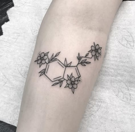 Chemistry flowery serotonin tattoo beautiful geek flower tattoos chem science tattoo Serotonin Tattoo, Chemistry Tattoo, Dragons Tattoo, Serotonin Molecule, Molecule Tattoo, Shape Tattoo, Geometric Tattoo Design, Zodiac Tattoos, Arrow Tattoo