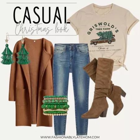 This is such a cute Christmas outfit! Fashionablylatemom Boots Straight legged jeans Blazer Graphic t-shirt #LTKHoliday #LTKstyletip #LTKSeasonal Christmas Style Outfit, Christmas Outfit Casual, Casual Holiday Outfits, Christmas Attire, Cute Christmas Outfits, Christmas Look, Fashionably Late, Christmas Outfits Women, Solid Color Sweater