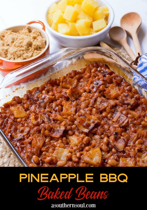 Pineapple BBQ Baked Beans made with canned beans, your favorite BBQ sauce, onion, brown sugar, whole grain mustard, pineapple chunks and bacon. They are baked to perfection and make a great side dish for any cookout, potluck, covered dish supper, and are great when you need to feed a crowd! Pork And Beans Recipe, Canned Baked Beans, Baked Beans With Bacon, Whole Grain Mustard, Bbq Baked Beans, Cookout Side Dishes, Bean Chili Recipe, Pineapple Chunks, Baked Bean Recipes