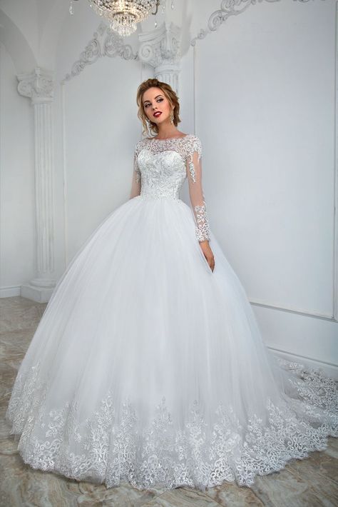 Wedding Gown Ballgown, Christian Wedding Gowns, Long Sleeve Bridal Dresses, Wedding Dresses Lace Ballgown, Wedding Dress With Lace, Floor Length Wedding Dress, Wedding Dresses Cinderella, Bridal Ball Gown, Ivory Wedding Dress