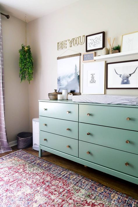 This gender neutral nursery is gorgeous. Tons of great nursery ideas and inspiration for a boy's nursery #nursery #nurserydesign #home #homedecor #diy #diyproject #design Ikea Nursery Dresser Hack, Ikea Nursery Dresser, Nursery Dresser Diy, Ikea Dresser Hacks, Diy Ikea Dresser, Tarva Ikea, Long Drawer Pulls, Malm Hack, Ikea Dresser Hack