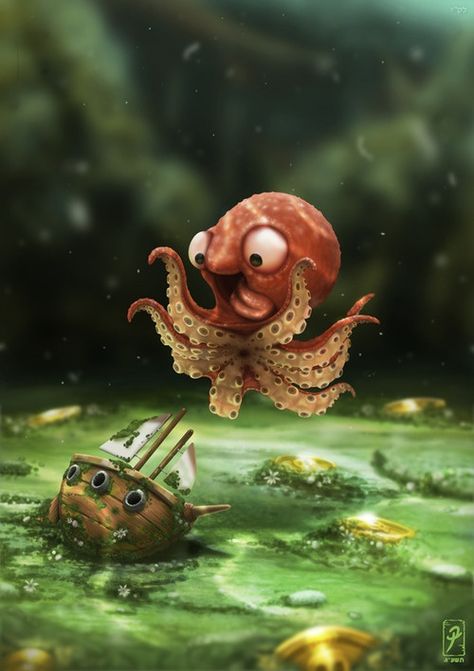 "May you be as happy as a baby Kraken finding the perfect size ship.'' - Imgur -- It's so cute! The Kraken, Art Mignon, Art Et Illustration, Disney Films, Pics Art, Kraken, 귀여운 동물, Funny Cute, Character Concept